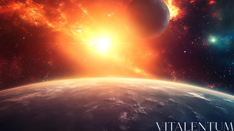 Stellar horizon flare with planetary limb in luminous corona.