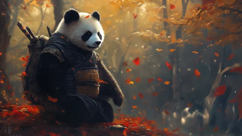 Armored panda warrior sits in autumn forest with falling leaves.