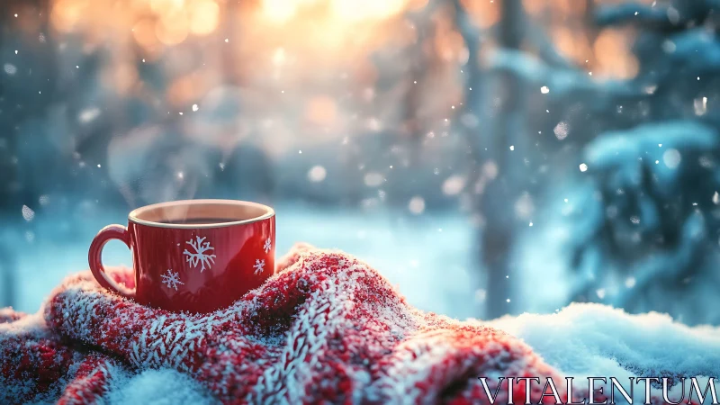 Cozy red mug rests on a snowy blanket in gentle winter light