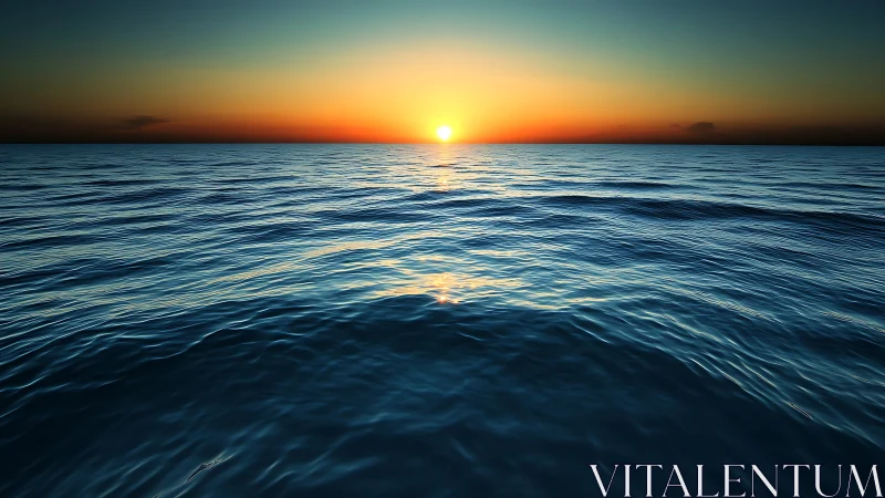 Sunset disc aligns with horizon above textured open ocean