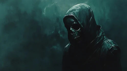 Hooded skeletal figure in dark teal atmospheric setting.