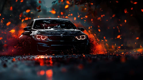 Midnight sports car drifts through a storm of ember leaves.