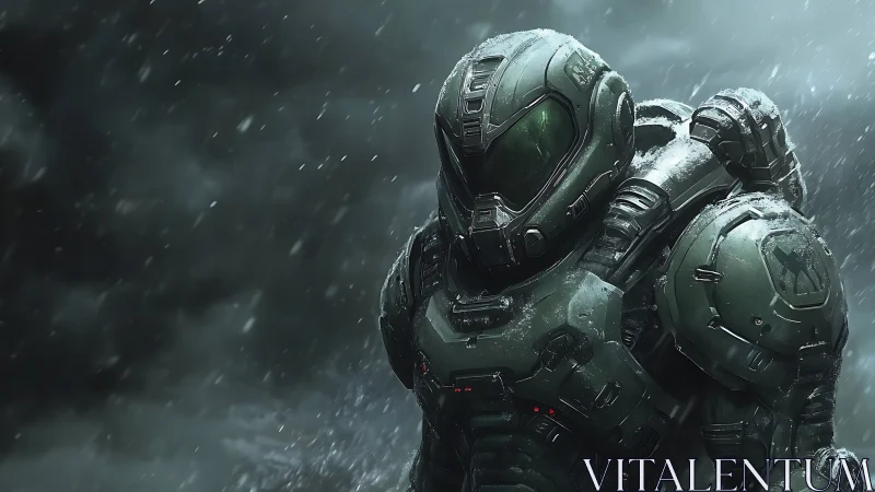 Armored space marine advancing through icy stormfront.