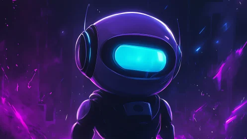 Neon blue visor robot in glowing purple sci fi scene.