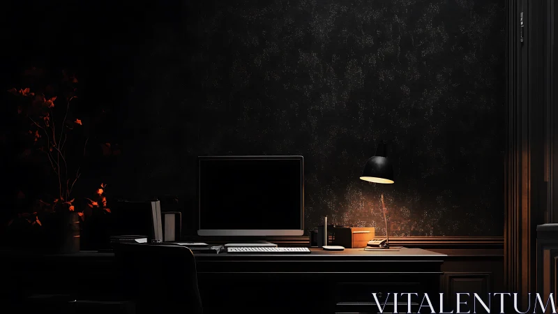 Dimly lit desktop workstation in dark-toned interior room.