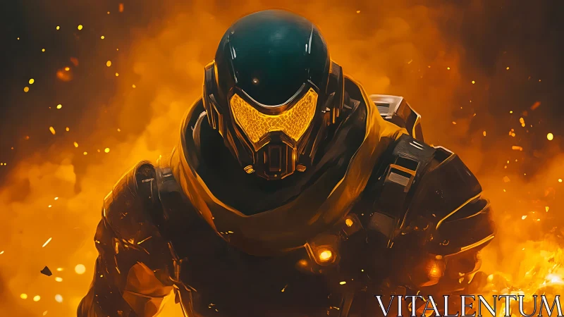 Armored figure advances through dense orange fire and smoke