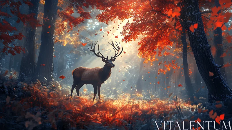 Majestic stag stands in glowing autumn forest light
