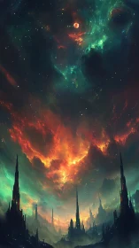 Skyfire nebula above obsidian spires on a silent world.