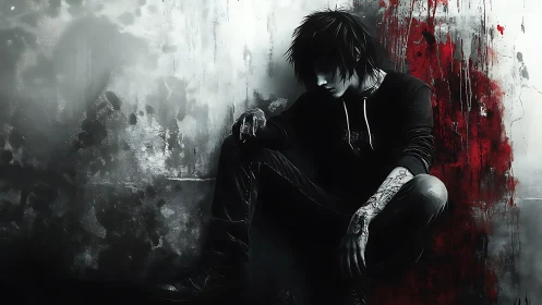 Shadowed youth resting against a storm of red and gray.