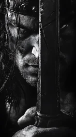 Steel-eyed warrior framed in shadow and unforgiving steel.