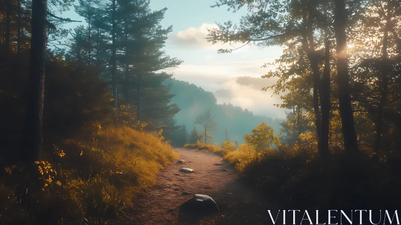 Ethereal Forest Path at Golden Hour with Misty Valley. Photography.