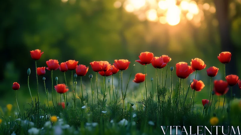 Poppy meadow at sunrise with shallow depth-of-field rendering.