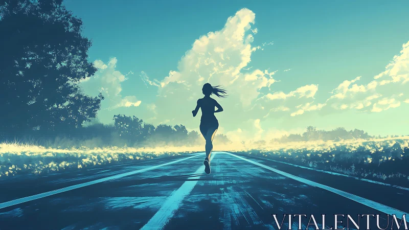 Silhouetted runner charges into a glowing sunrise horizon