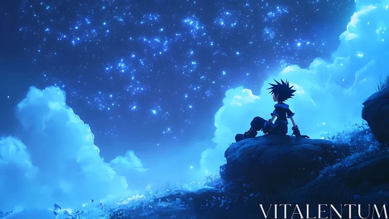 Starry night sky embraces lone anime boy in quiet wonder.