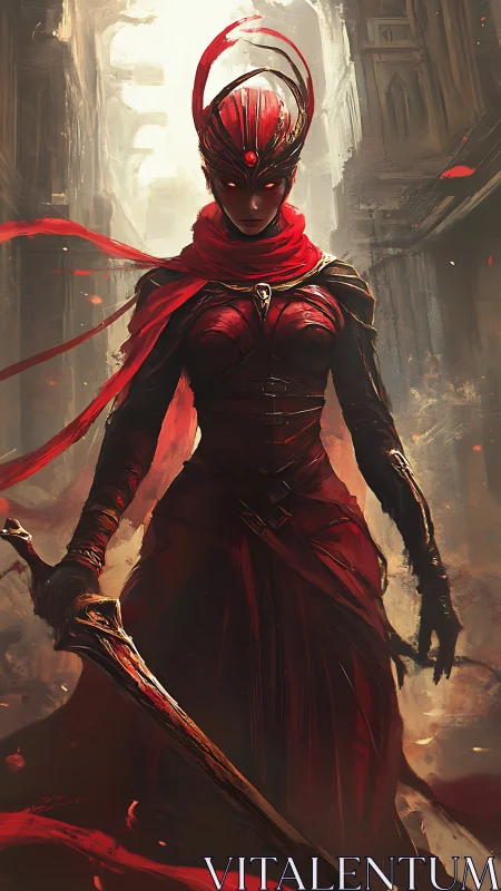 Armored red-clad warrior figure in narrow urban passage.