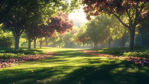 Sunlit blossom grove frames lush green garden path.