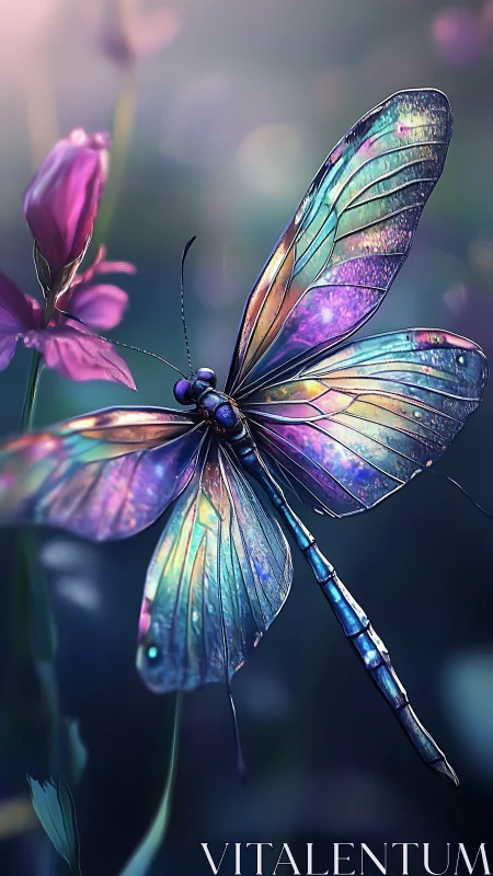 Iridescent dragonfly macro with spectral bokeh field study.