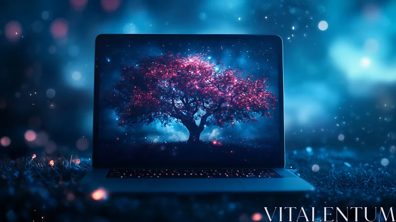 Laptop screen renders luminous pink tree amid deep blue bokeh