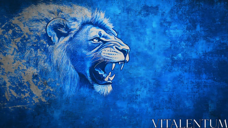 Roaring lion illustration overlays textured blue background
