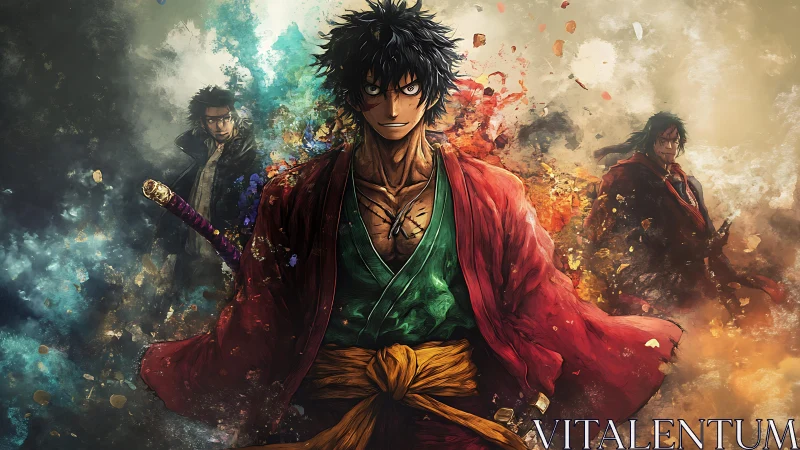 Battle-hardened samurai warrior amid elemental chaos.