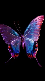 Iridescent neon butterfly on black background, high contrast detail