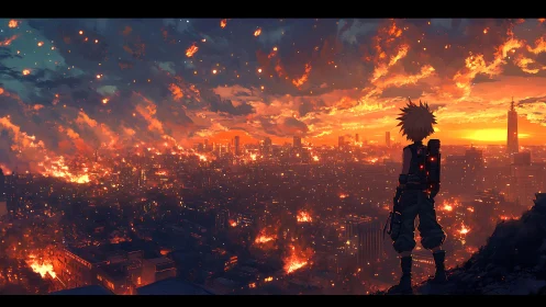 Post-cataclysm skyline survey by solitary cybernetic scout.