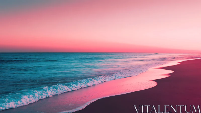 Dreamy pink shoreline where gentle waves meet quiet sand.