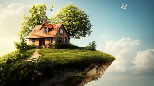 Hillside Cottage with Dormer Windows on Floating Cliff. Digital rendering.