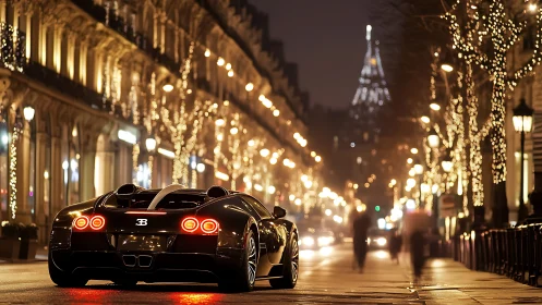 Bugatti supercar under Paris night lights on festive boulevard.