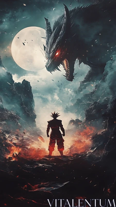 Lone warrior meets a fiery dragon beneath the full moon.