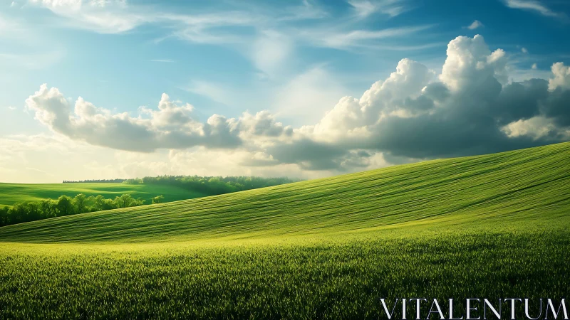 Sunlit green waves roll beneath a sky of wandering clouds.