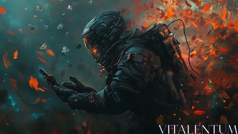 Armored astronaut studies glowing butterflies in firestorm.