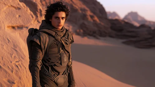 Photorealistic desert wanderer in tactical survival suit.