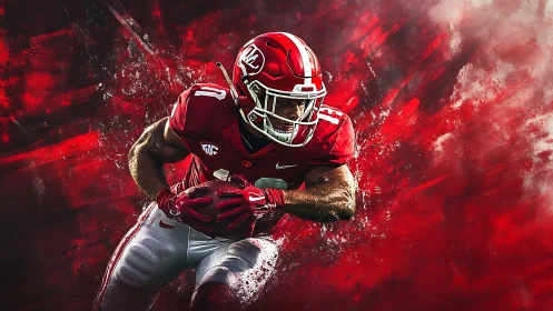 Football runner drives forward through explosive red impact