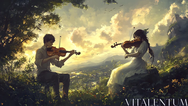 Sunlit hilltop violin duet sharing quiet golden melodies.