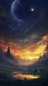 Digital painting of alien valley under crescent planet sky.