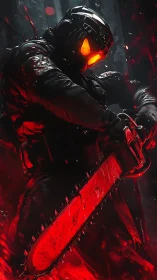 Armored enforcer grips blazing red chainsaw in dark corridor
