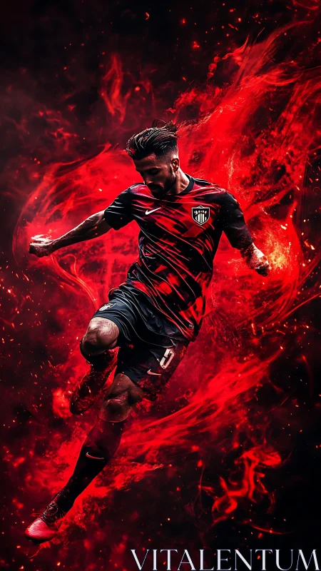 Fiery soccer forward explodes through swirling red flames.
