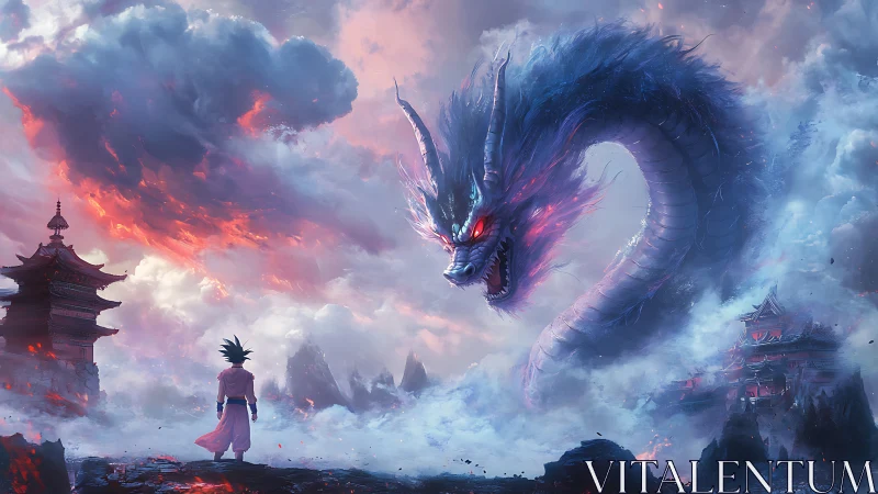 Digital painting of warrior confronting celestial storm dragon.