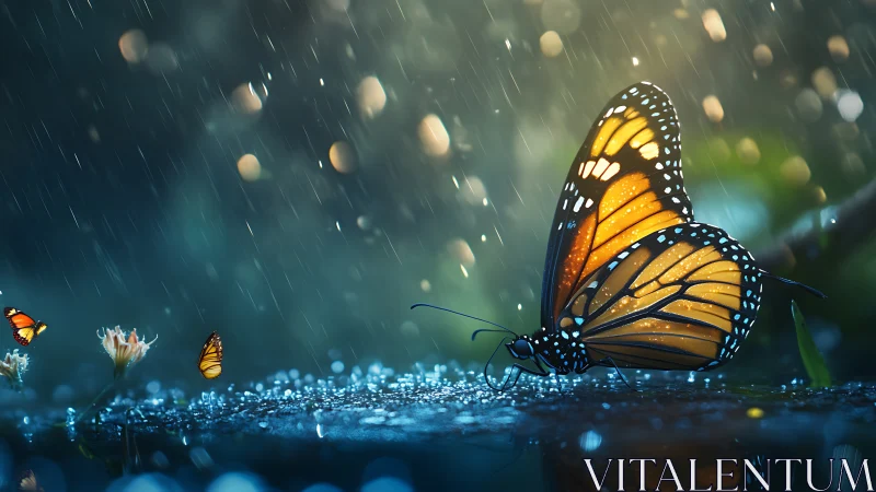 Rain-kissed monarch butterfly pauses softly in a glowing dusk