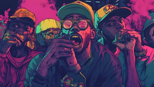 Neon street cypher under vaporwave lights and smoke.