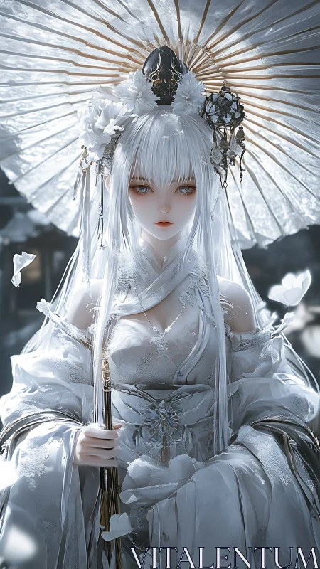 Snow-haired anime priestess under ornate white parasol.
