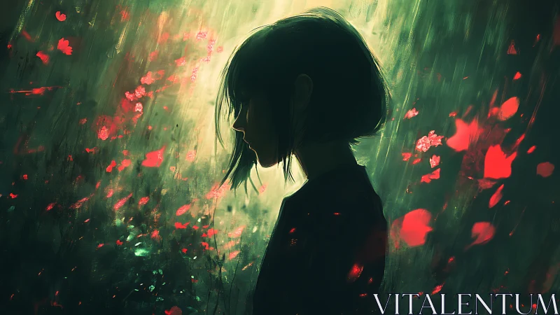 Softly lit silhouette among glowing midnight petals.