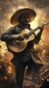 Somber guitarist in sombrero framed by glowing embers.