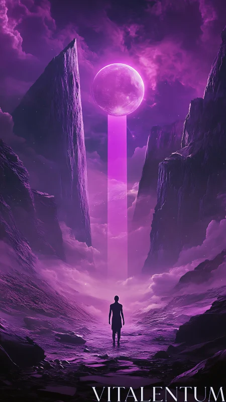Lone wanderer approaches glowing moon gate in violet mist