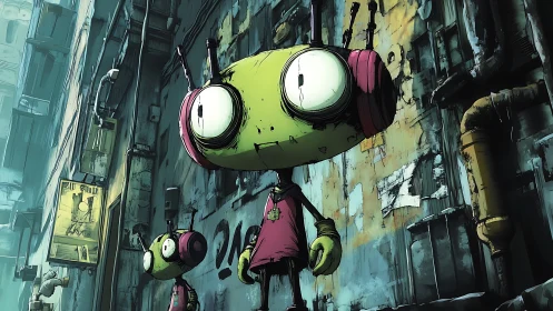 Distorted cartoon robots explore weathered urban alley with textured decay