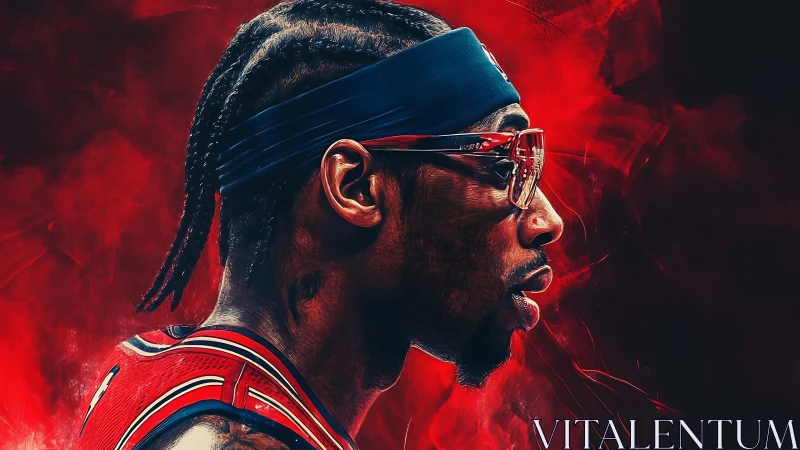Profile view shows basketball player in stylized red portrait
