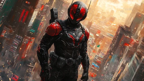 Bold red-armored hero watching over a glowing cityscape.