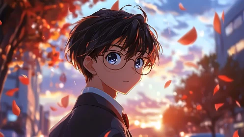Boy with glasses in autumn street at dusk, anime style.