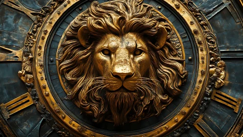 Regal bronze lion relief dominates ornate clockface center